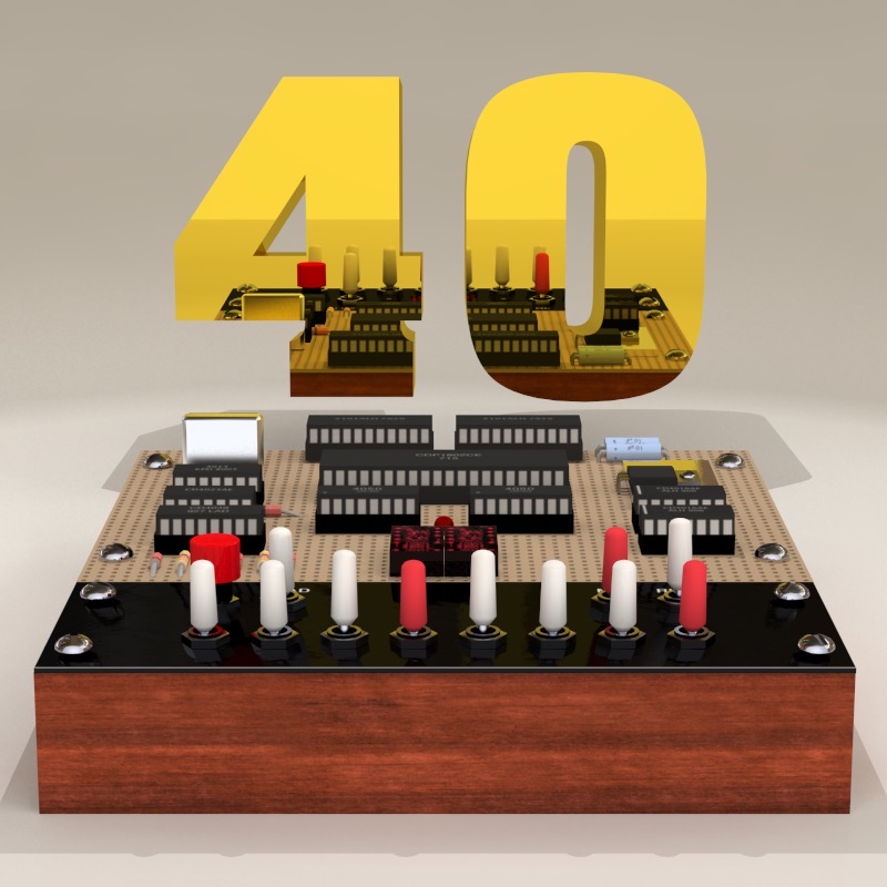 Illustration of a COSMAC ELF computer with a golden number "40" above it.